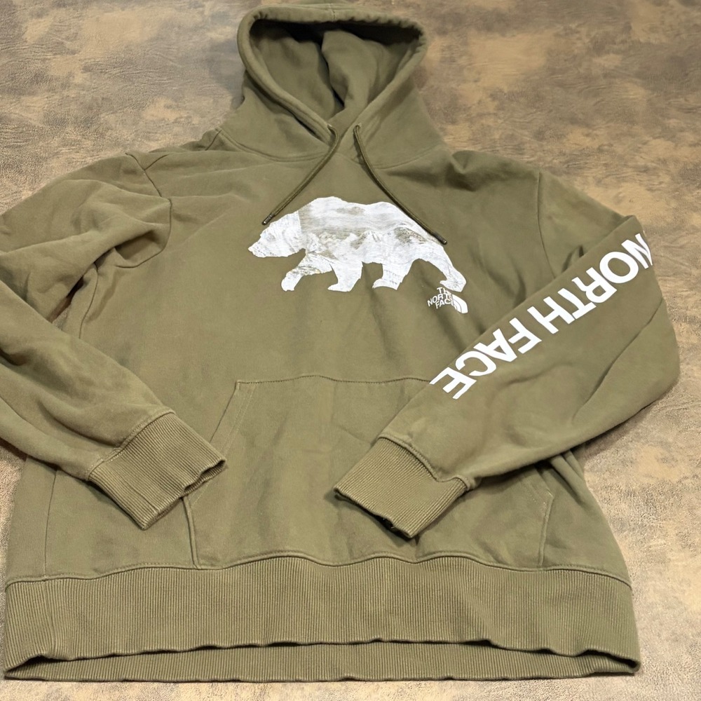 The North Face Hoodie Mens Large Olive Green Bear Graphic Sleeve Logo Pullover